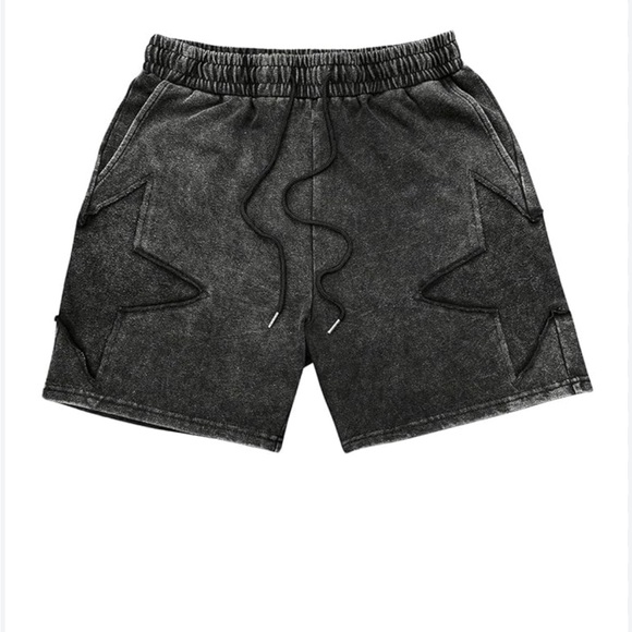 ROMWE Pants - Men’s Unisex Star Twill Patch Pattern Black Acid Wash Drawstring Casual Shorts